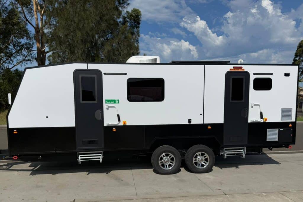 Image of the outside of a custom-built portable office trailer designed for construction sites.